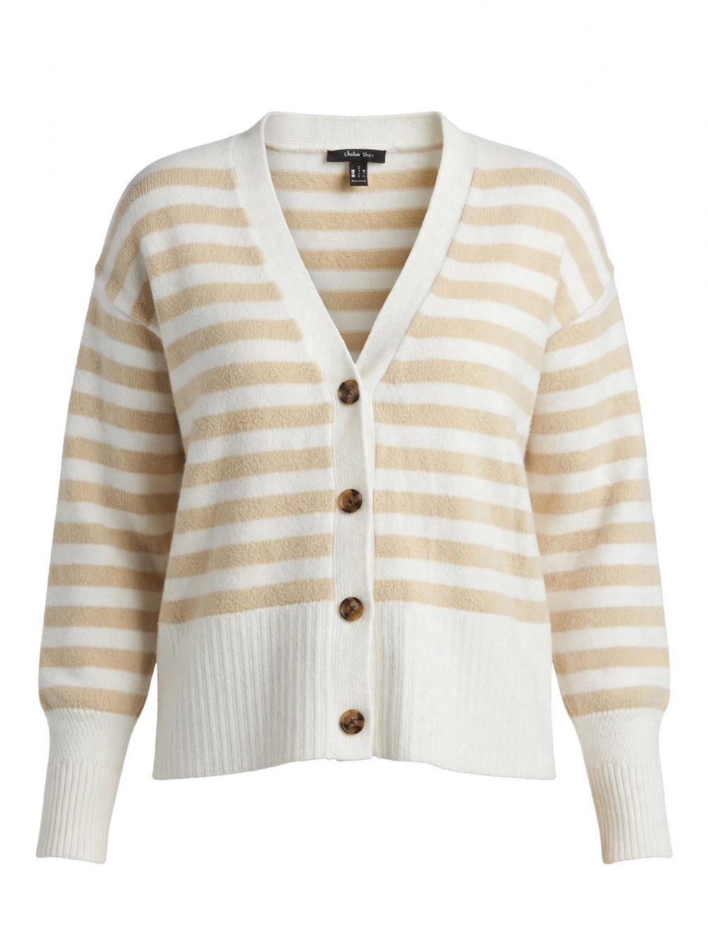 Tahari Cream and Beige Striped Button-Up Cardigan